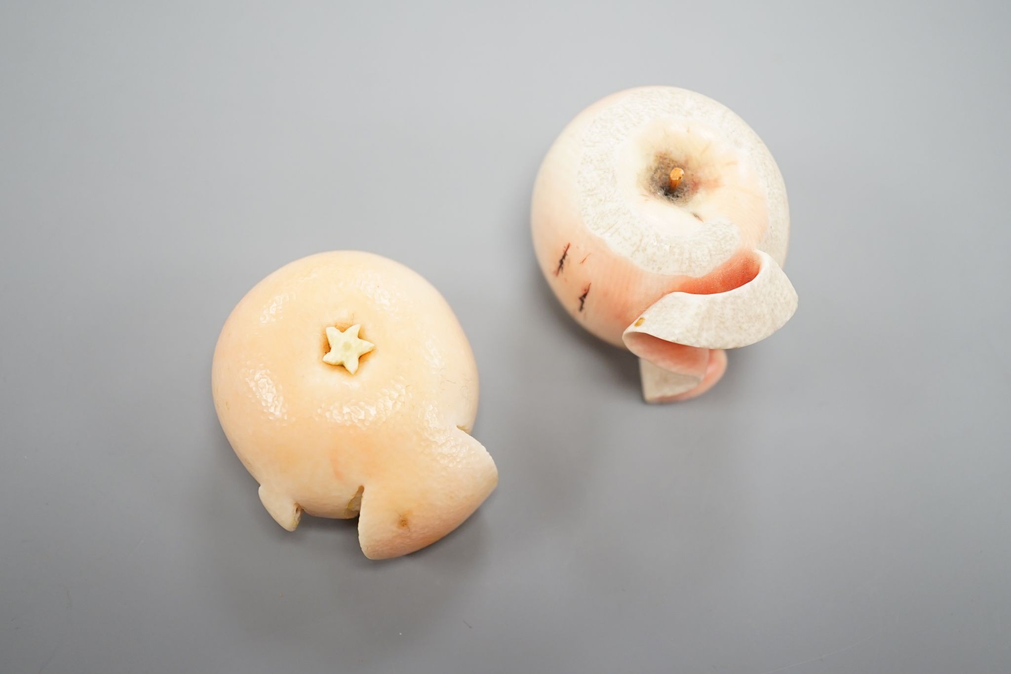 Two Japanese ivory models of a peeled apple and a satsuma, Meiji period, 3.5 cms high.